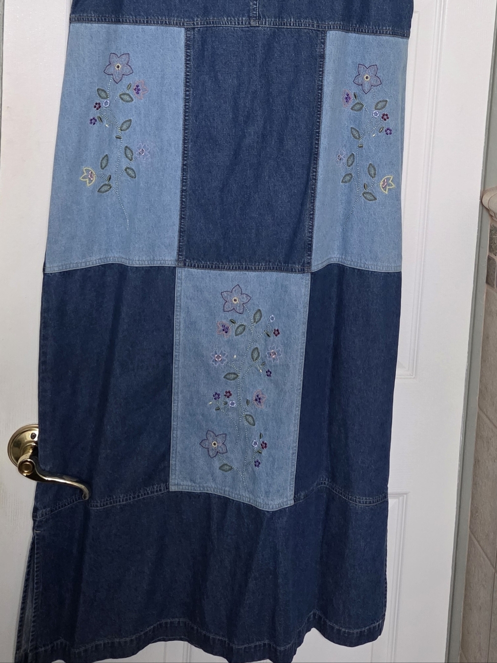 Blue denim patchwork floral embroidered Maxi Dress Teachercore Cottagecore Boho - Picture 2 of 8